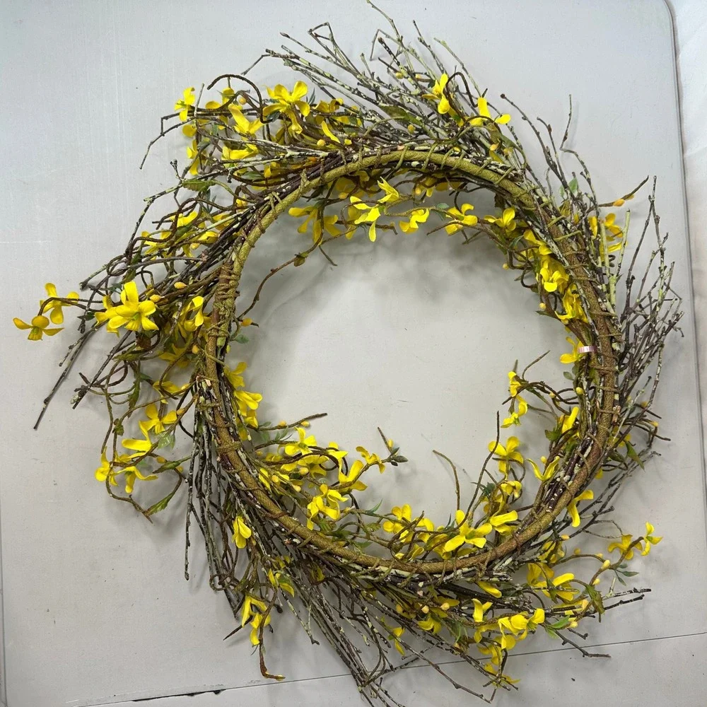 Yellow Forsythia Wreath 18 Inch Faux Floral Twig Grapevine Farmhouse Decor